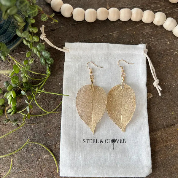 Steel & Clover - Gold Real Leaf Earrings 🇨🇦