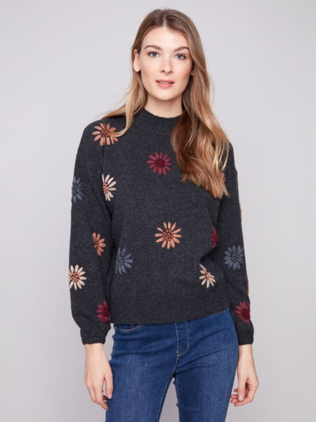 Charlie B - Mock Neck Sweater With Floral Embroidery
