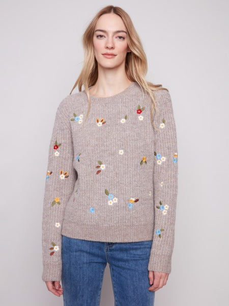 Charlie B - Crew Neck Sweater With Floral Embroidery