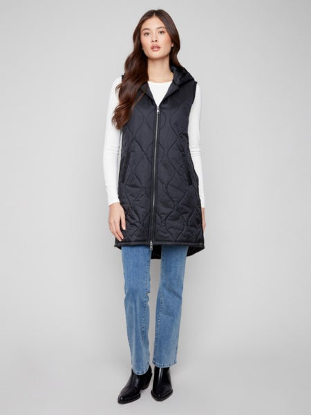 Charlie B - Pearlized Hooded Long Vest With Welt Pockets