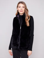 Charlie B -  Printed Reversible Quilted Faux Fur Nylon Vest With Welt Pockets