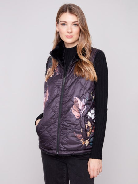 Charlie B -  Printed Reversible Quilted Faux Fur Nylon Vest With Welt Pockets