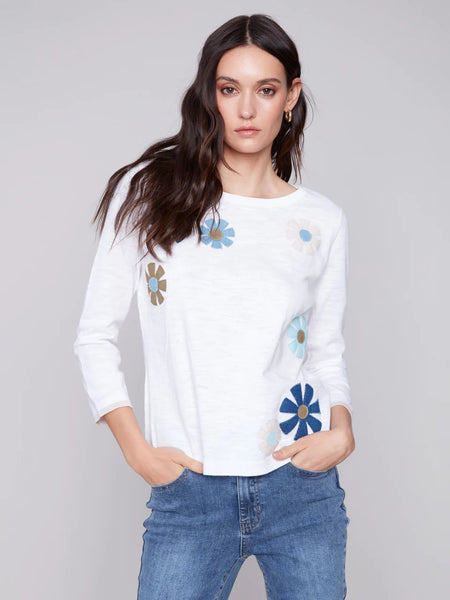 Charlie B- 3/4 Sleeve Crew Neck With Flower Patches